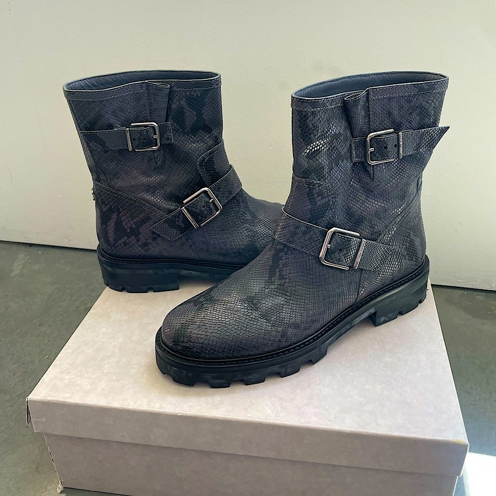 * Like New* Jimmy Choo Youth II Grey Snake Leather Biker Boots with Buckles